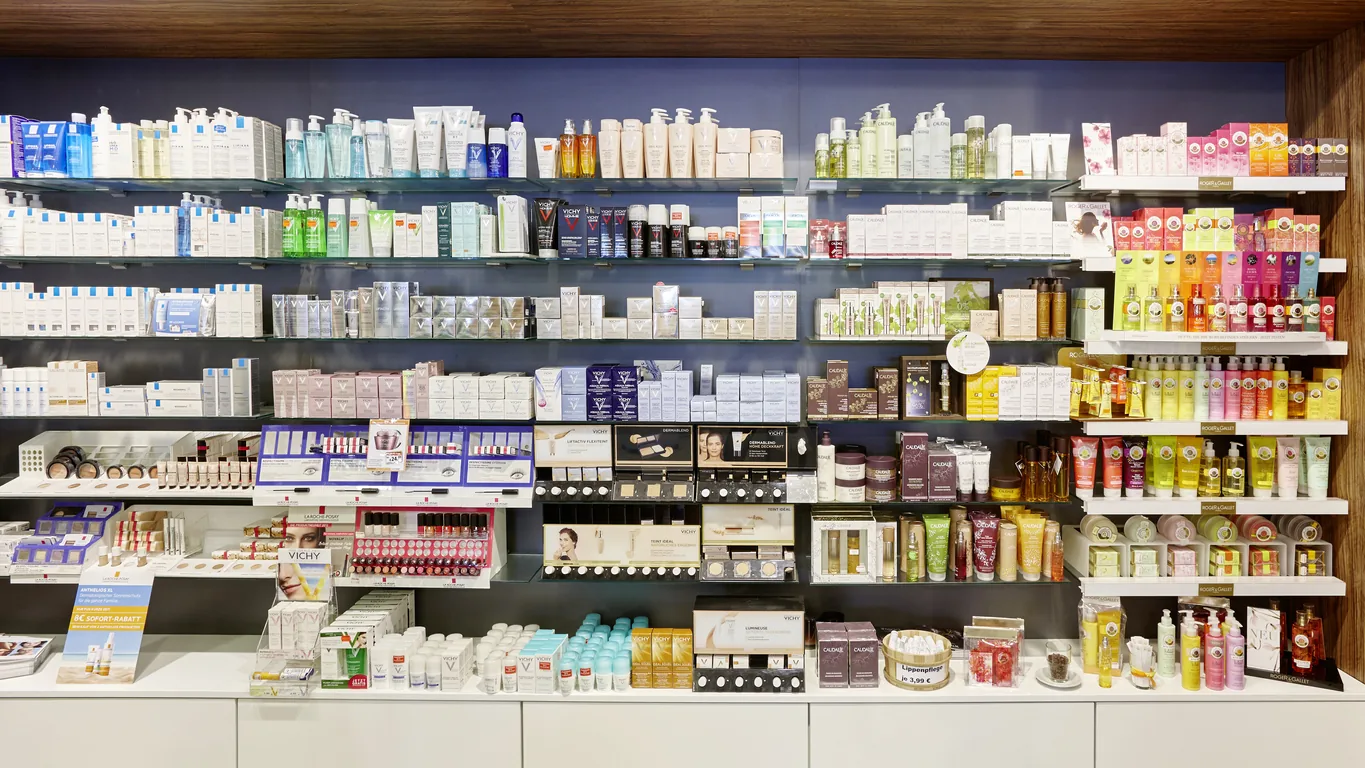 Retail shelf of everyday cosmetic and OTC products